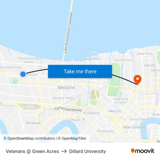 Veterans @ Green Acres to Dillard University map