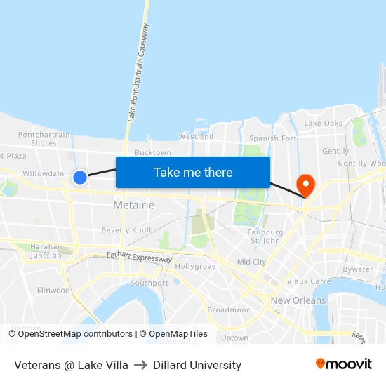 Veterans @ Lake Villa to Dillard University map