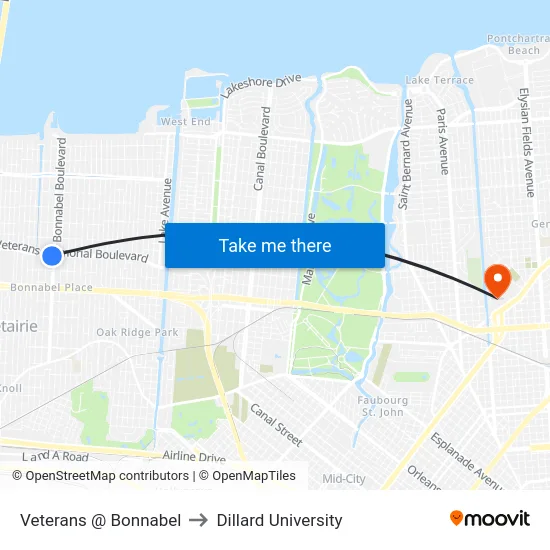 Veterans @ Bonnabel to Dillard University map