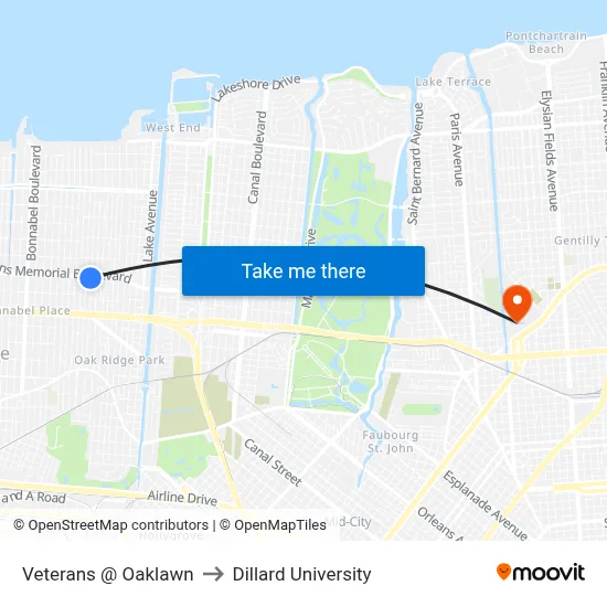 Veterans @ Oaklawn to Dillard University map