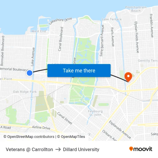 Veterans @ Carrollton to Dillard University map