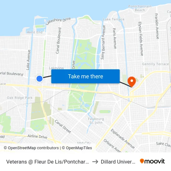 Veterans @ Fleur De Lis/Pontchartrain to Dillard University map