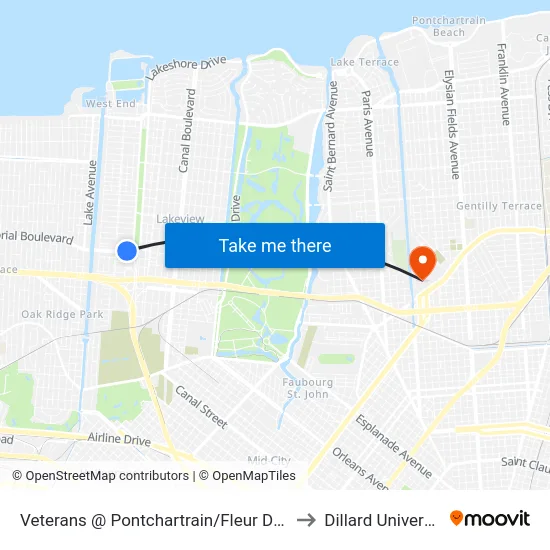 Veterans @ Pontchartrain/Fleur De Lis to Dillard University map