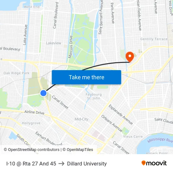 I-10 @ Rta 27 And 45 to Dillard University map