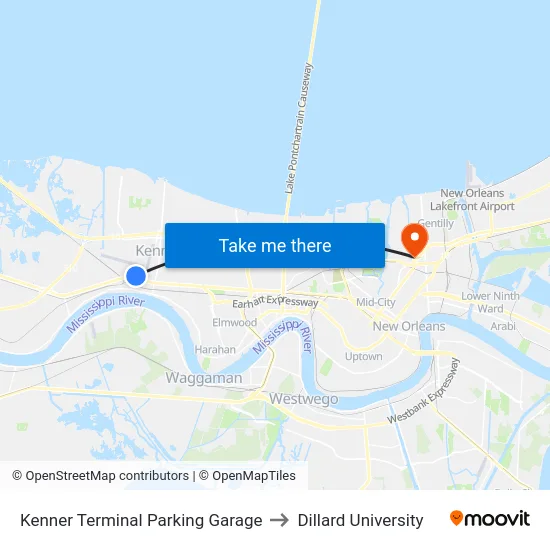 Kenner Terminal Parking Garage to Dillard University map