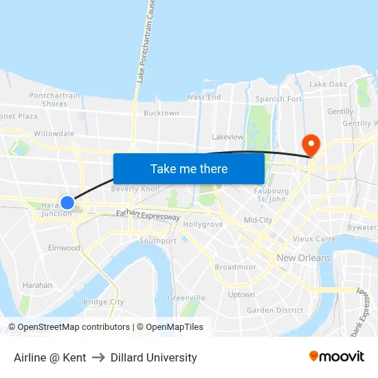 Airline @ Kent to Dillard University map