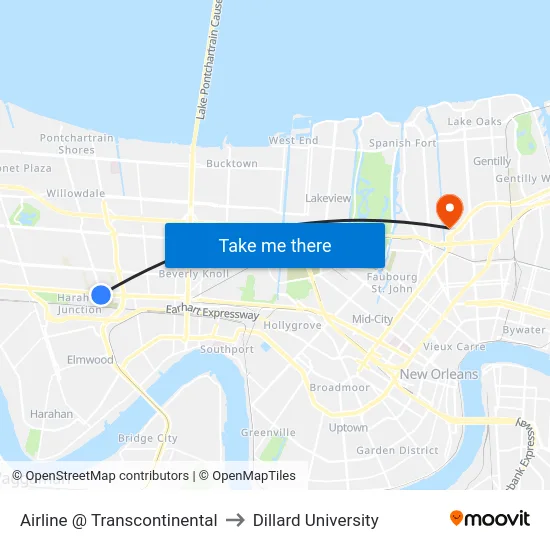 Airline @ Transcontinental to Dillard University map