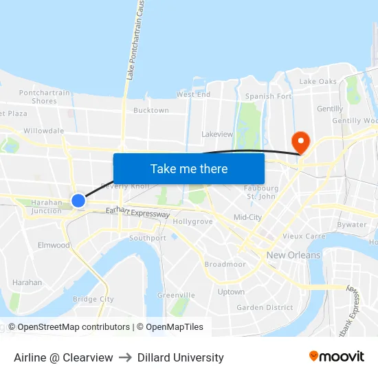Airline @ Clearview to Dillard University map
