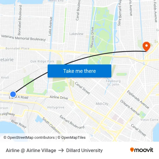 Airline @ Airline Village to Dillard University map