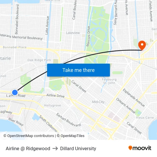 Airline @ Ridgewood to Dillard University map