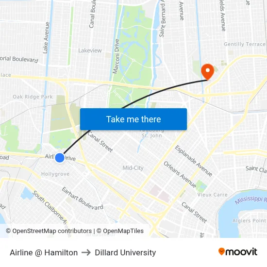 Airline @ Hamilton to Dillard University map