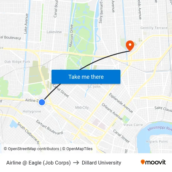 Airline @ Eagle (Job Corps) to Dillard University map
