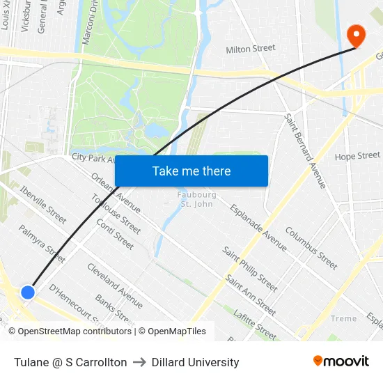 Tulane @ S Carrollton to Dillard University map