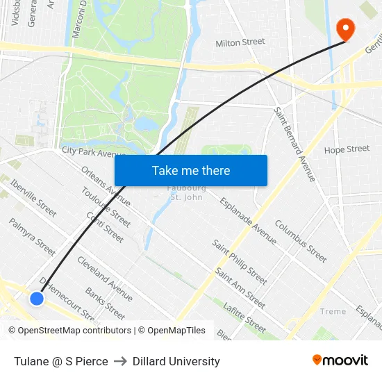 Tulane @ S Pierce to Dillard University map