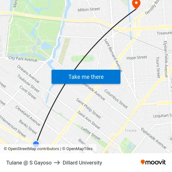 Tulane @ S Gayoso to Dillard University map