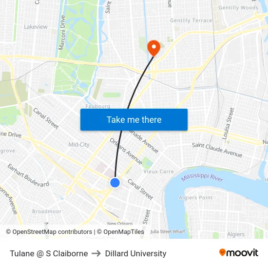 Tulane @ S Claiborne to Dillard University map