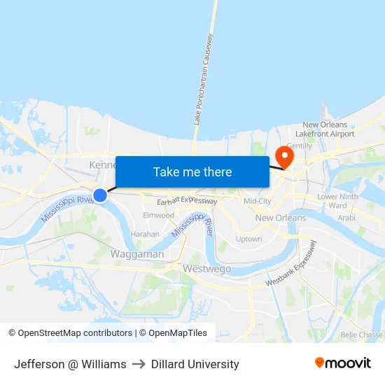 Jefferson @ Williams to Dillard University map