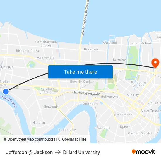Jefferson @ Jackson to Dillard University map