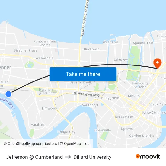 Jefferson @ Cumberland to Dillard University map