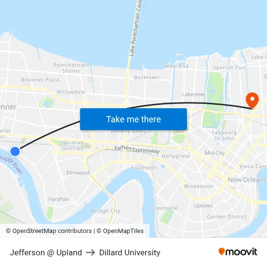 Jefferson @ Upland to Dillard University map
