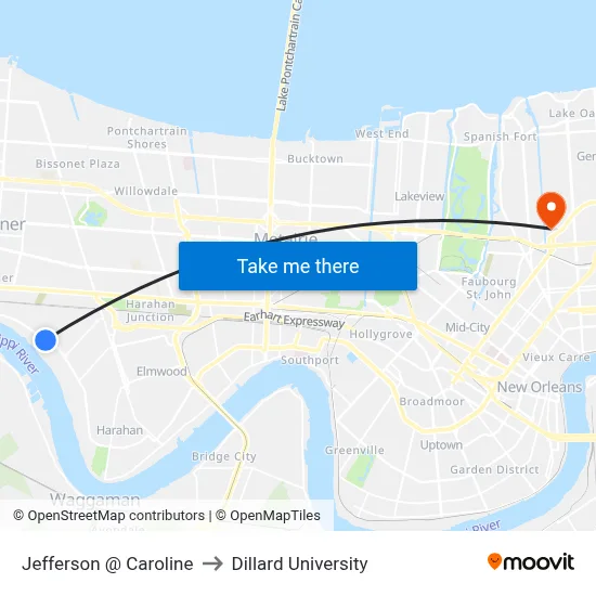 Jefferson @ Caroline to Dillard University map