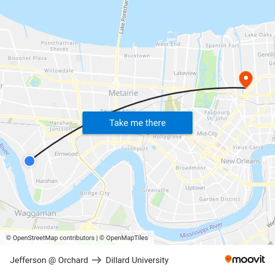 Jefferson @ Orchard to Dillard University map