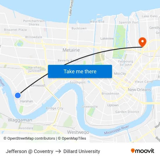 Jefferson @ Coventry to Dillard University map
