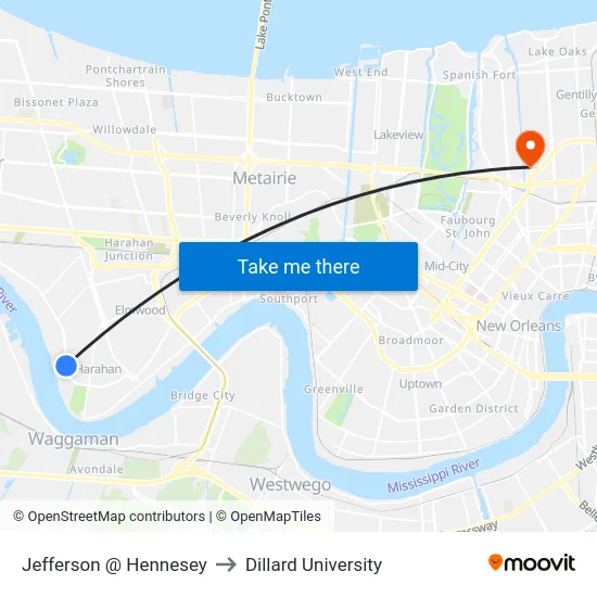 Jefferson @ Hennesey to Dillard University map