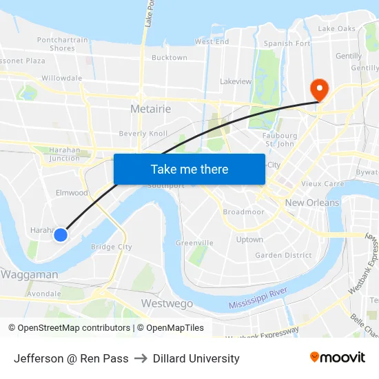 Jefferson @ Ren Pass to Dillard University map