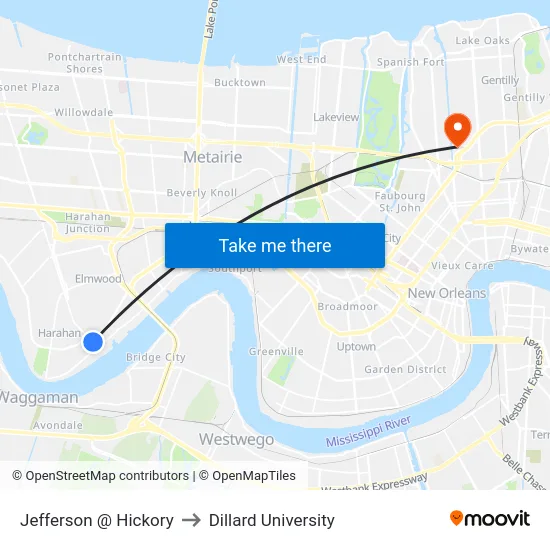Jefferson @ Hickory to Dillard University map