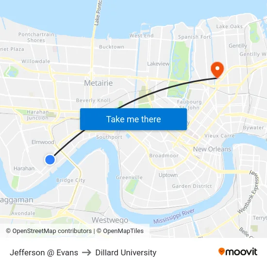 Jefferson @ Evans to Dillard University map