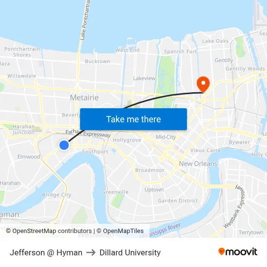Jefferson @ Hyman to Dillard University map