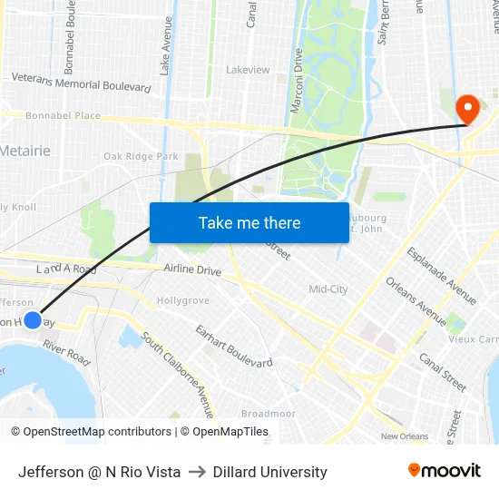 Jefferson @ N Rio Vista to Dillard University map