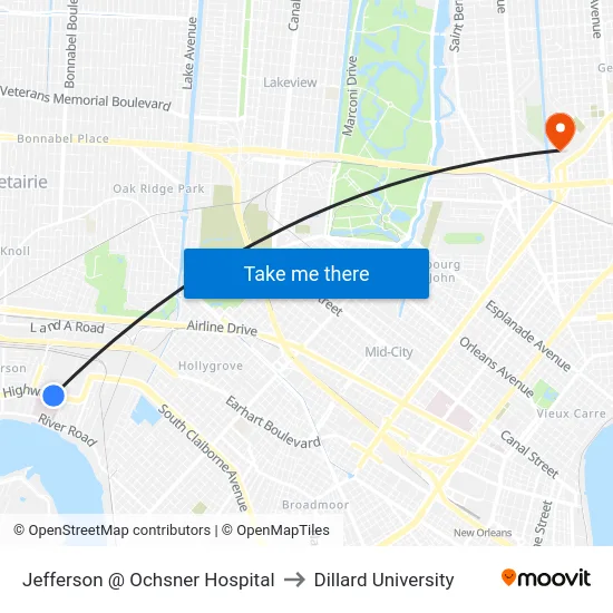 Jefferson @ Ochsner Hospital to Dillard University map