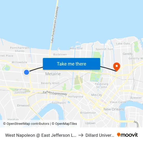 West Napoleon @ East Jefferson Library to Dillard University map