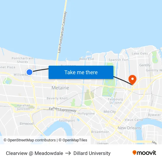Clearview @ Meadowdale to Dillard University map