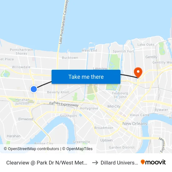 Clearview @ Park Dr N/West Metairie to Dillard University map