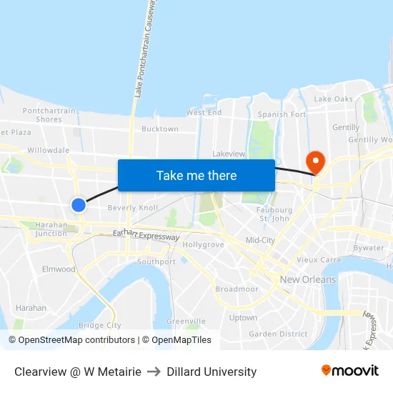 Clearview @ W Metairie to Dillard University map