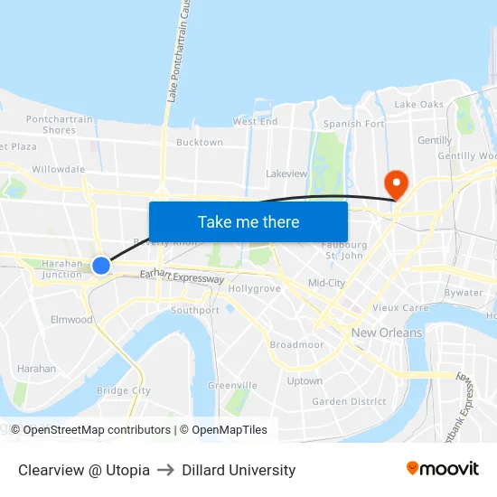 Clearview @ Utopia to Dillard University map