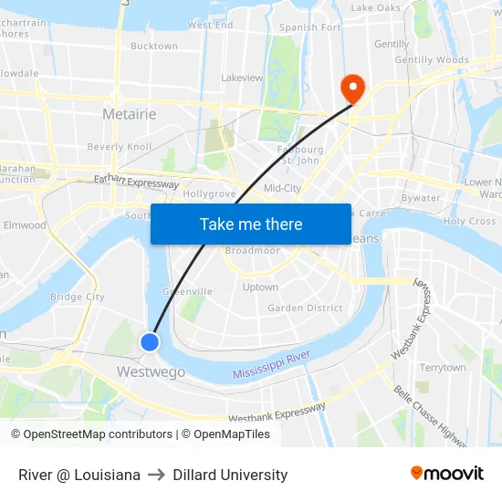River @ Louisiana to Dillard University map