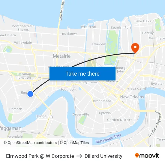 Elmwood Park @ W Corporate to Dillard University map