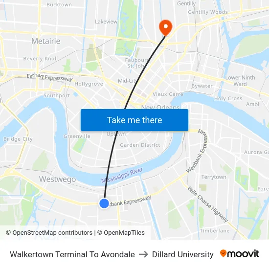 Walkertown Terminal To Avondale to Dillard University map