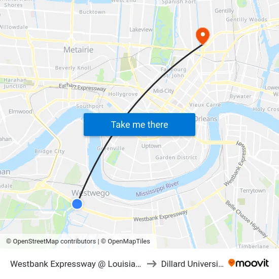 Westbank Expressway @ Louisiana to Dillard University map