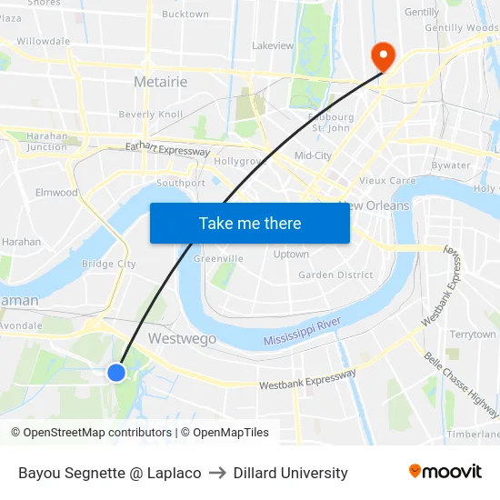 Bayou Segnette @ Laplaco to Dillard University map