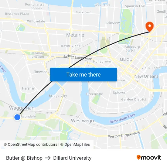 Butler @ Bishop to Dillard University map