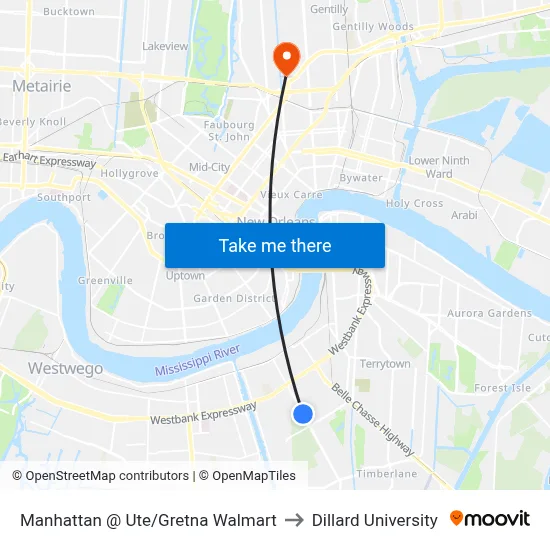 Manhattan @ Ute/Gretna Walmart to Dillard University map