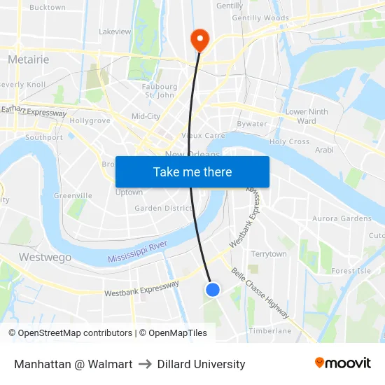 Manhattan @ Walmart to Dillard University map