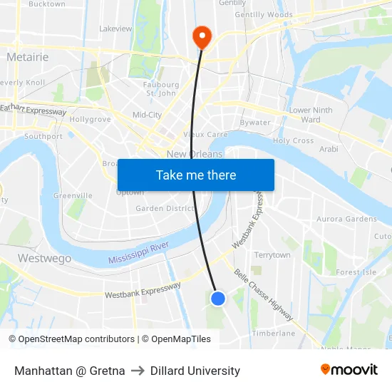 Manhattan @ Gretna to Dillard University map
