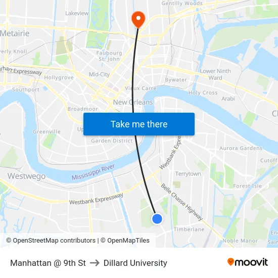Manhattan @ 9th St to Dillard University map