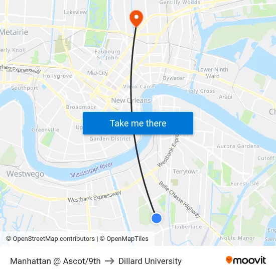 Manhattan @ Ascot/9th to Dillard University map